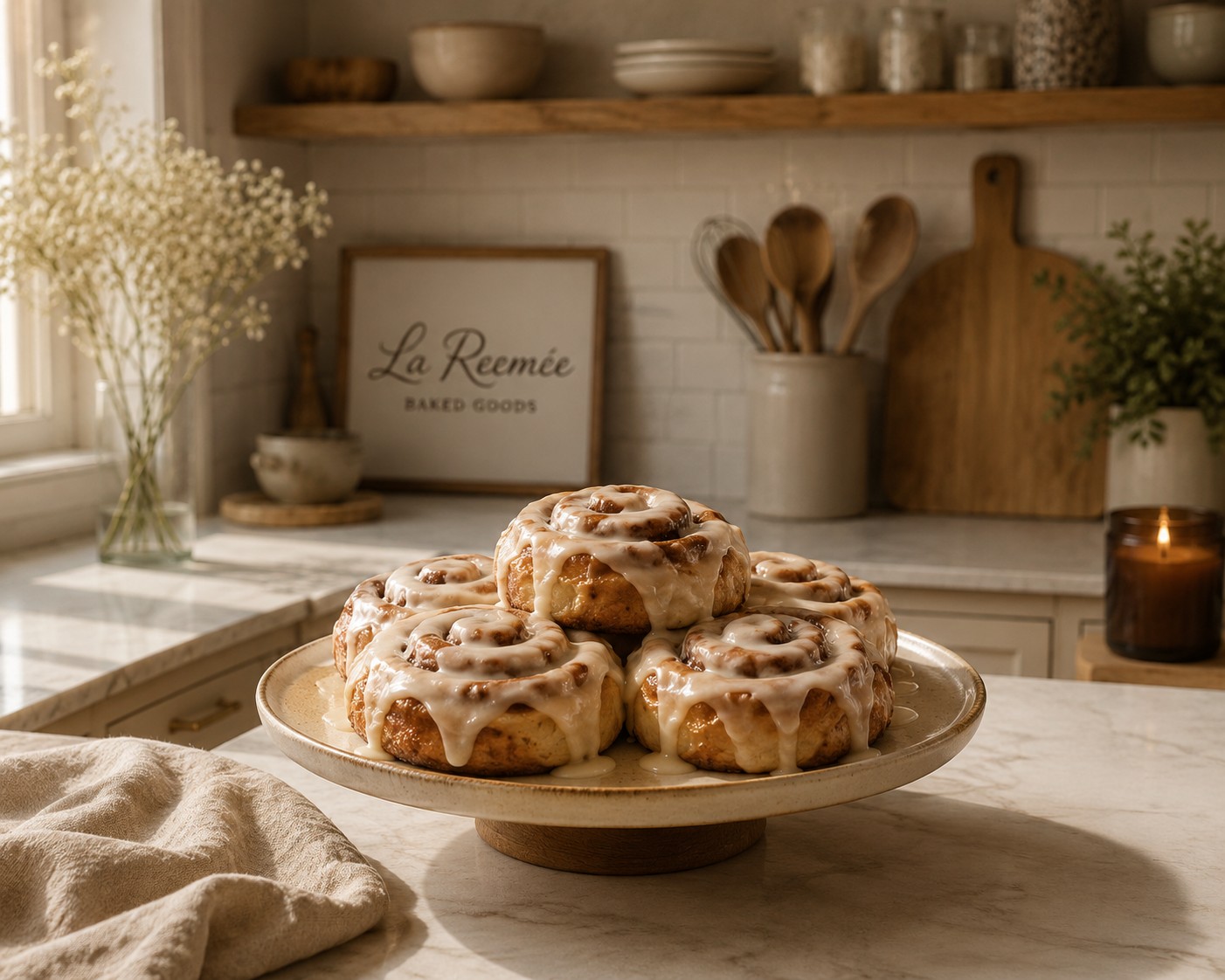 Classic cinnamon rolls displayed in a warm kitchen